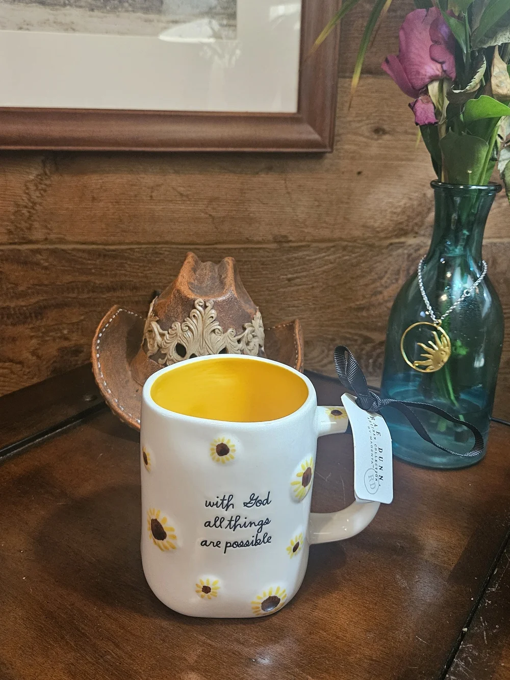 Rae Dunn White Mug with Yellow Sunflower Interior and Exterior